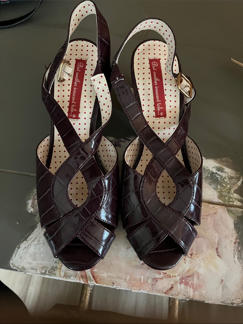 Patent Croc-Embossed Peep-Toe Slingback Heels in Dark Burgundy